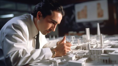 A mature man architect with determined face working with building model in creative office. Generative AI AIG21.の素材
