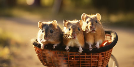 hamsters have fun bicycle ride on sunshine day in summer on town streetの素材