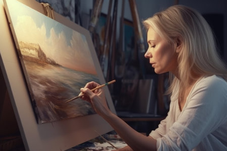 A woman art director is painting in her studio in the vibrant airy scenes. Generative AI AIG21.の素材