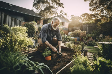 Male Caucasian middle aged gardening in backyard plants practical. Generative AI AIG23.の素材