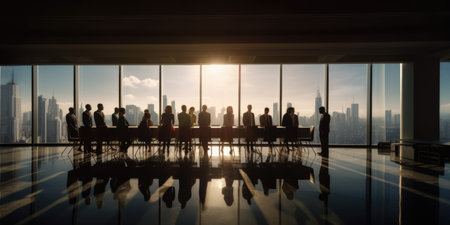 Back lit photo of business people in conference room standing sitting window city. Generative AI AIG19.の素材
