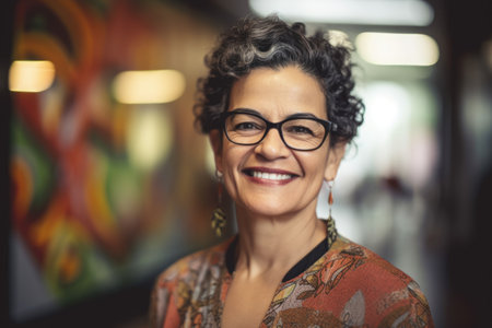 Mature smart hispanic businesswoman, smiling face, standing in blur background of creative colorful office interior design. Generative AI AIG20.の素材