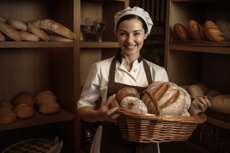 Smiling spanish female baker standing in home kitchen holding bread in basket. Generative AI AIG21.の素材