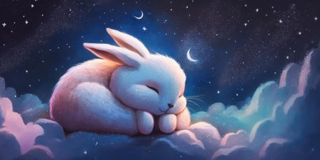 A cute and adorable bunny is sleeping under night sky between stars pillow. Generative AI AIG16.の素材