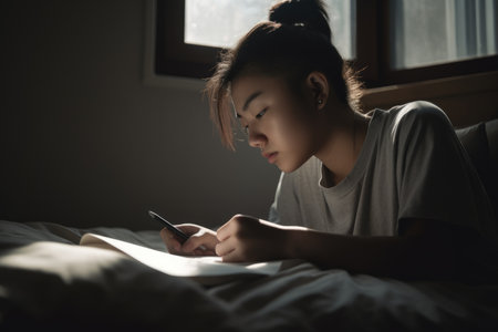 Female Asian teenager doing homework in bedroom studying smart. Generative AI AIG23.の素材