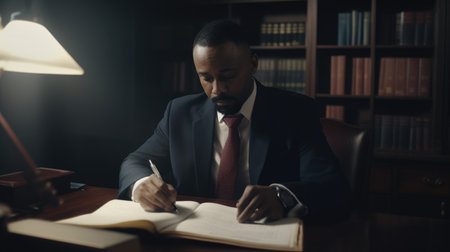 Lawyer Male African-American 30s Reviewing legal documents in Law firm office. Generative AI AIG22.の素材