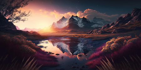 A serene meadow environment with mountain in sunset hill outdoor beautiful scenery. Generative AI AIG16.の素材