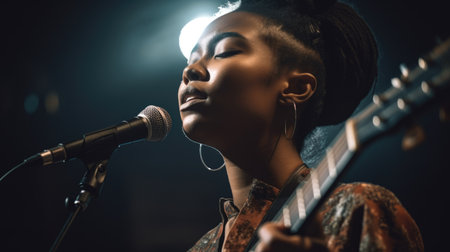Musician Female African-American Young adult Singing and playing guitar on stage in Music venue. Generative AI AIG22.の素材