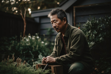Male Asian senior gardening in backyard plants grass. Generative AI AIG23.の素材