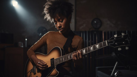 Musician Female African-American Young Adult Playing guitar in Recording studio. Generative AI AIG22.の素材
