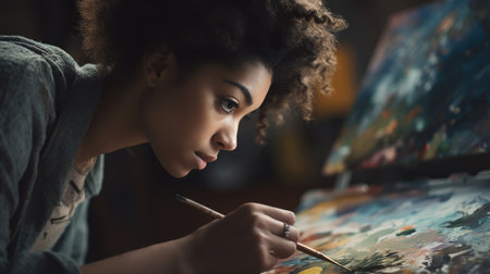 Artist Female African-American Young painting the canvas. Generative AI AIG22.の素材