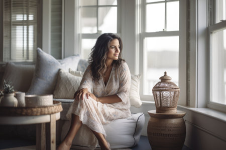 Female Hispanic middle aged lounging sun room cozy warm. Generative AI AIG23.の素材