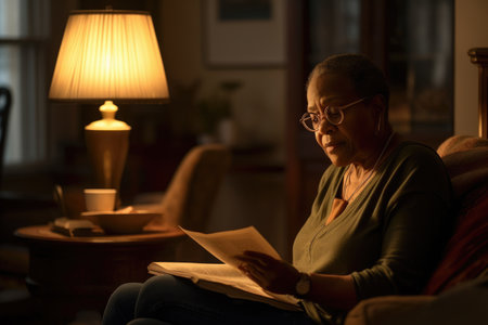 Female African senior reading books in living room casual relaxing. Generative AI AIG23.の素材