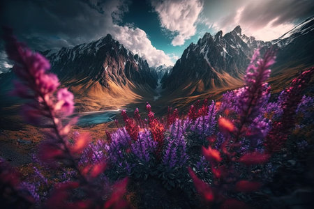 Tilt shift epic clouds mountains lupinus flowers beautiful. Generative AI AIG15.の素材