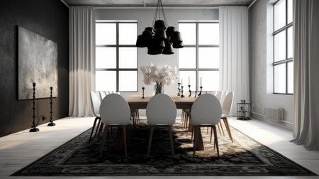 Interior design inspiration of Modern Minimal style home dining room loveliness decorated with Wood and Metal material and Chandelier .Generative AI home interior design .の素材