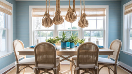 Interior design inspiration of Coastal Nautical style home dining room loveliness decorated with Wood and Rattan material and Rope Accents .Generative AI home interior design .の素材