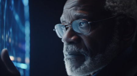 Mature black male with wonder, curiosity, looking at holographic digital display, futuristic technology, innovation. Generative AI AIG20.の素材