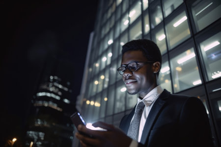 Wide angle shot of a young african-american businessman executive using mobile phone with background of modern office buildings at night. Generative AI AIG18.の素材