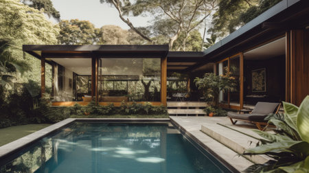 Home architecture design in Ranch Style with Porch constructed by Brick and Wood siding material. Ranch style. Generative AI AIG25 .の素材