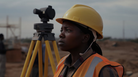 30s male african Civil Engineer with determined face at construction site. Generative AI AIG21.の素材
