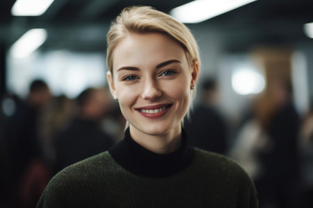 Young smart swedish businesswoman, smiling face, standing in blur background of busy office. Generative AI AIG20.の素材