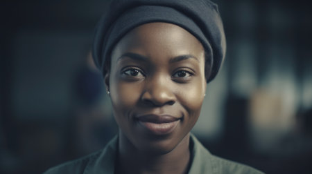 A smiling African female electronic factory worker standing in factory. Generative AI AIG19.の素材