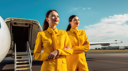 Two smiling air hostesses in yellow suit standing in front of airplane entrance under blue sky. Generative AI AIG21.の素材