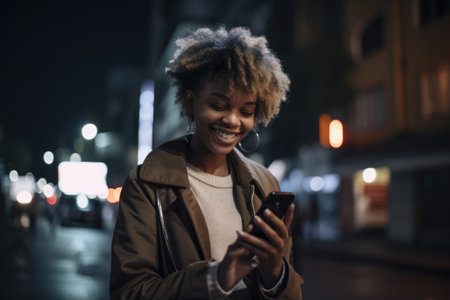 Wide angle shot of a young african-american woman trendy clothes using mobile phone with background of urban city street at night. Generative AI AIG18.の素材