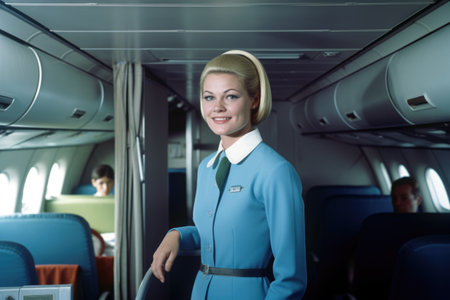 An smiling air hostess standing inside of airplane. Generative AI AIG21.の素材