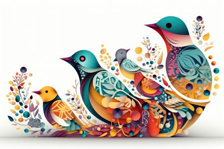 Modern minimal CG of bird on tree and foliage. distinct generative AI image.の素材