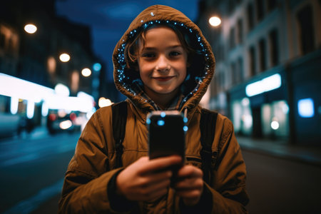 Wide angle shot of a young caucasian 10-year-old little boy trendy clothes using mobile phone with background of urban city street at night. Generative AI AIG18.の素材