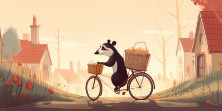 badger have fun bicycle ride on sunshine day in summer on town streetの素材