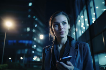 Wide angle shot of a young caucasian businesswoman executive using mobile phone with background of modern office buildings at night. Generative AI AIG18.の素材