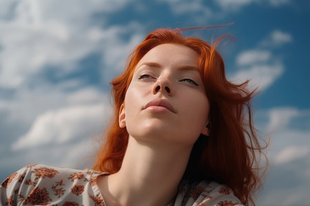 Happy slumber woman rest on peaceful serene and calm cloud in the relaxing sky. distinct generative AI image.の素材