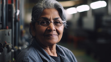 A smiling senior Hispanic female factory worker standing in metal sheet factory. Generative AI AIG19.の素材