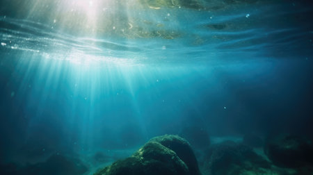Beautiful shot made underwater with sunlight shining through the surface. Generative AI AIG21.の素材