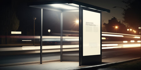 Advertisement billboard mock up display space at bus stop in town street nightの素材