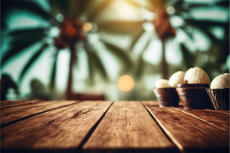 Focus empty wood table with blurred of coconut and palm tree background. Concept of blank space for advertising product with sunrise view. Finest generative AI.の素材