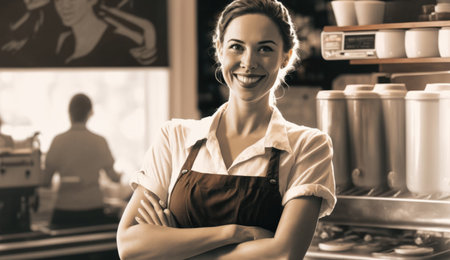 Smiling woman barista wearing apron standing in counter of the coffee shop with arms crossed. Generative AI AIG21.の素材
