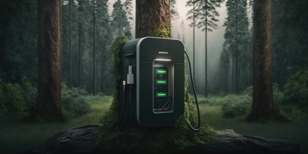 Electric car EV charger station in middle of green forest. distinct generative AI image.の素材