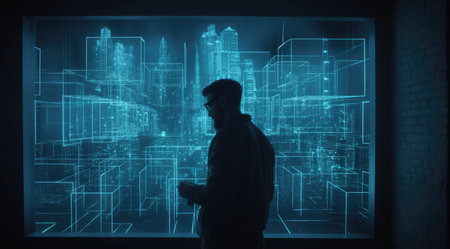 A male designer looking at a 3D building in an artificial blue light box in the style of data visualization. Generative AI AIG21.の素材