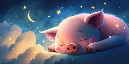 A cute and adorable piglet is sleeping under night sky between stars pillow. Generative AI AIG16.の素材