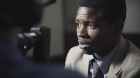 Journalist Male African-American 20s Interviewing politician in Government office. Generative AI AIG22.の素材