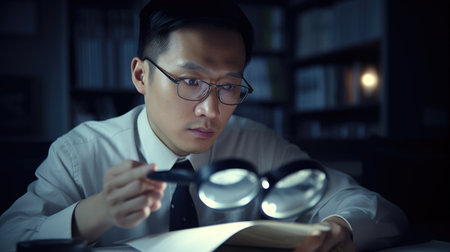 Accountant Male Asian seriously Analyzing the document. Generative AI AIG22.の素材
