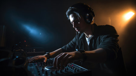 DJ Male Hispanic Young Adult Mixing and playing music for a live event in Nightclub. Generative AI AIG22.の素材