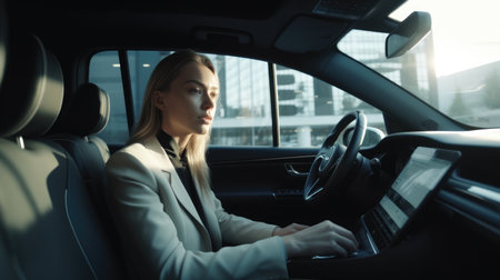 CEO Female Caucasian Young Adult Conducting a video call with a remote team from a parked car. Generative AI AIG22.の素材