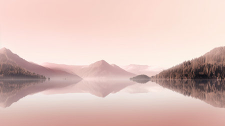 Beautiful mountain lake and natural environment in the morning background. Tranquil pink pastel sunset light in panoramic mountainous and nature lake shore scenery. Picturesque generative AIの素材