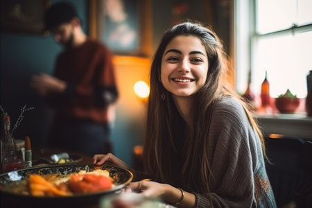 Female Hispanic teenager socializing dining room light conversation. Generative AI AIG23.の素材