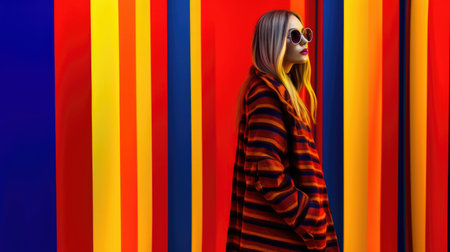 Young female model posing with trendy fashion outfit and colorful optical art abstract background. Picturesque generative AIの素材