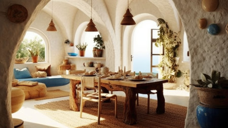 Interior design inspiration of Mediterranean Rustic style home dining room loveliness decorated with Stone and Ceramic material and Archway .Generative AI home interior design .の素材